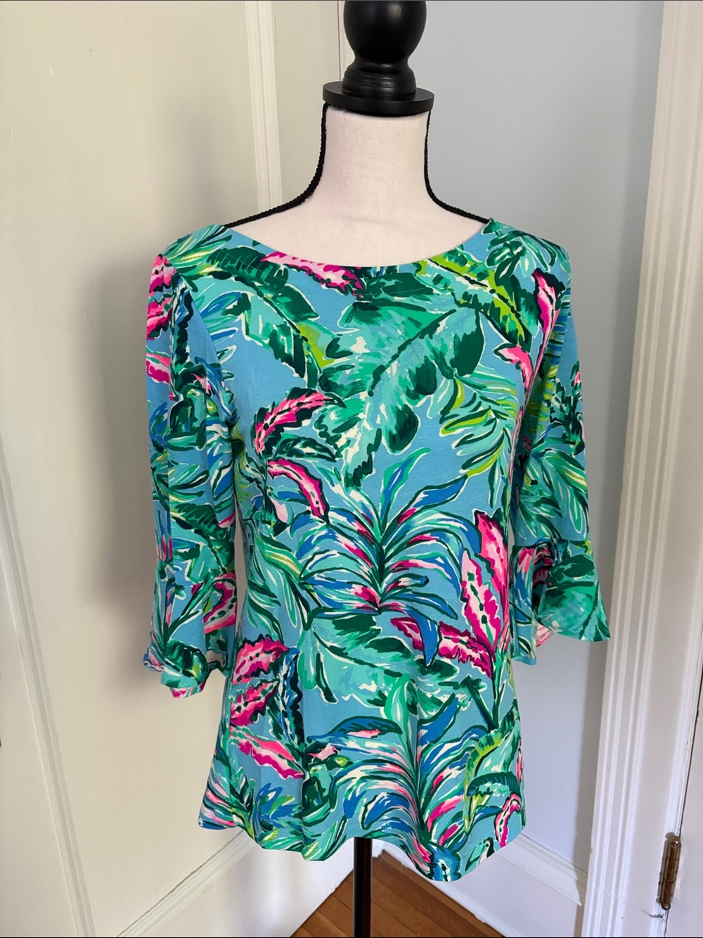 Lilly Pulitzer Aqua, Green & Pink Tropical Boatneck Top